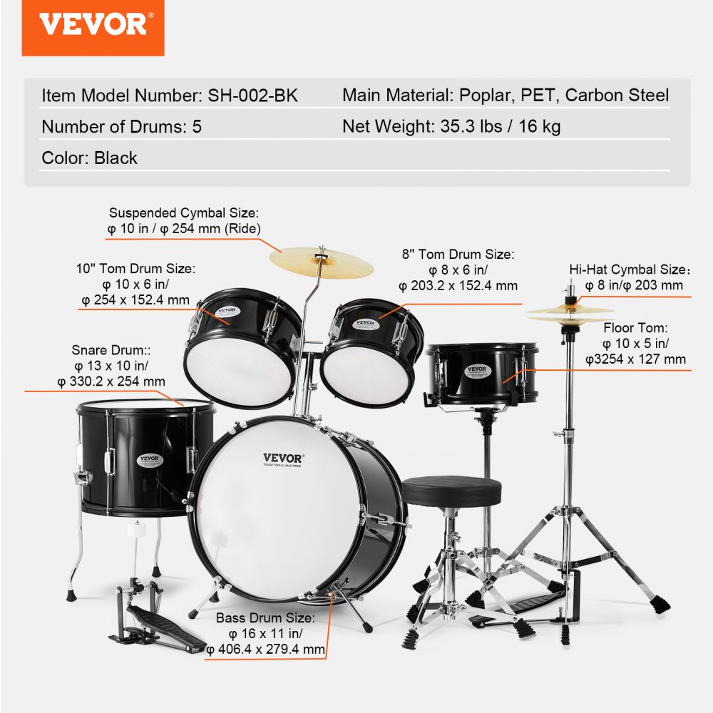 VEVOR Kids Drumset, 5-delige beginnersdrumset met bastoms, snaredrum, drumstokken, verstelbare bekkens, hihatpedaal en twee paar drumstokken, voor kinderen, zwart