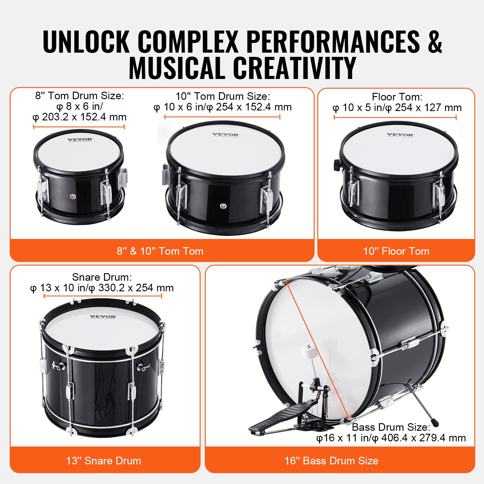 VEVOR Kids Drumset, 5-delige beginnersdrumset met bastoms, snaredrum, drumstokken, verstelbare bekkens, hihatpedaal en twee paar drumstokken, voor kinderen, zwart