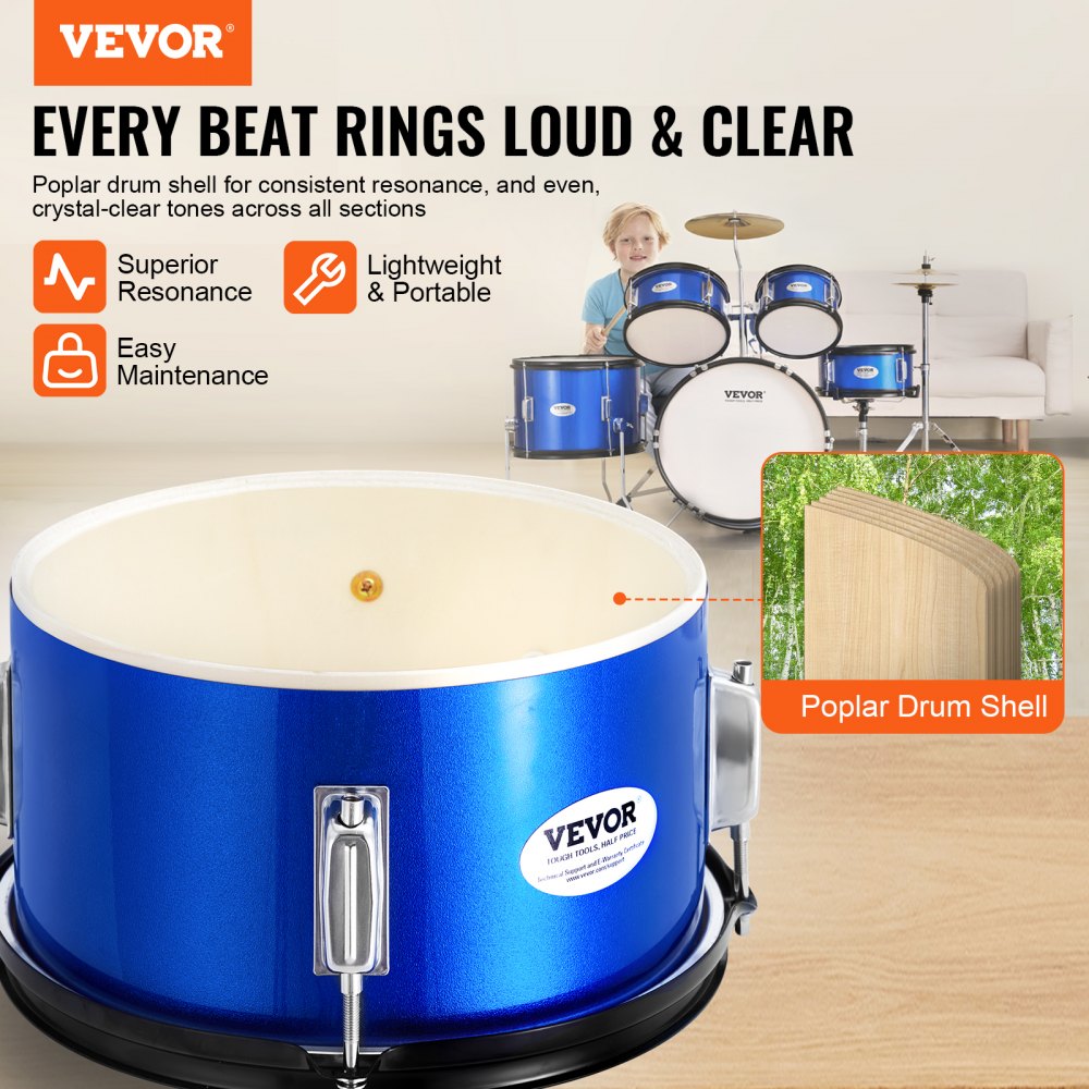 VEVOR 5-delige drumset voor kinderen, beginnersdrumset met bastoms, snaredrum, floortrommel, verstelbare drumkruk, hi-hatpedaal en twee paar drumstokken, geschikt voor kinderen, blauw