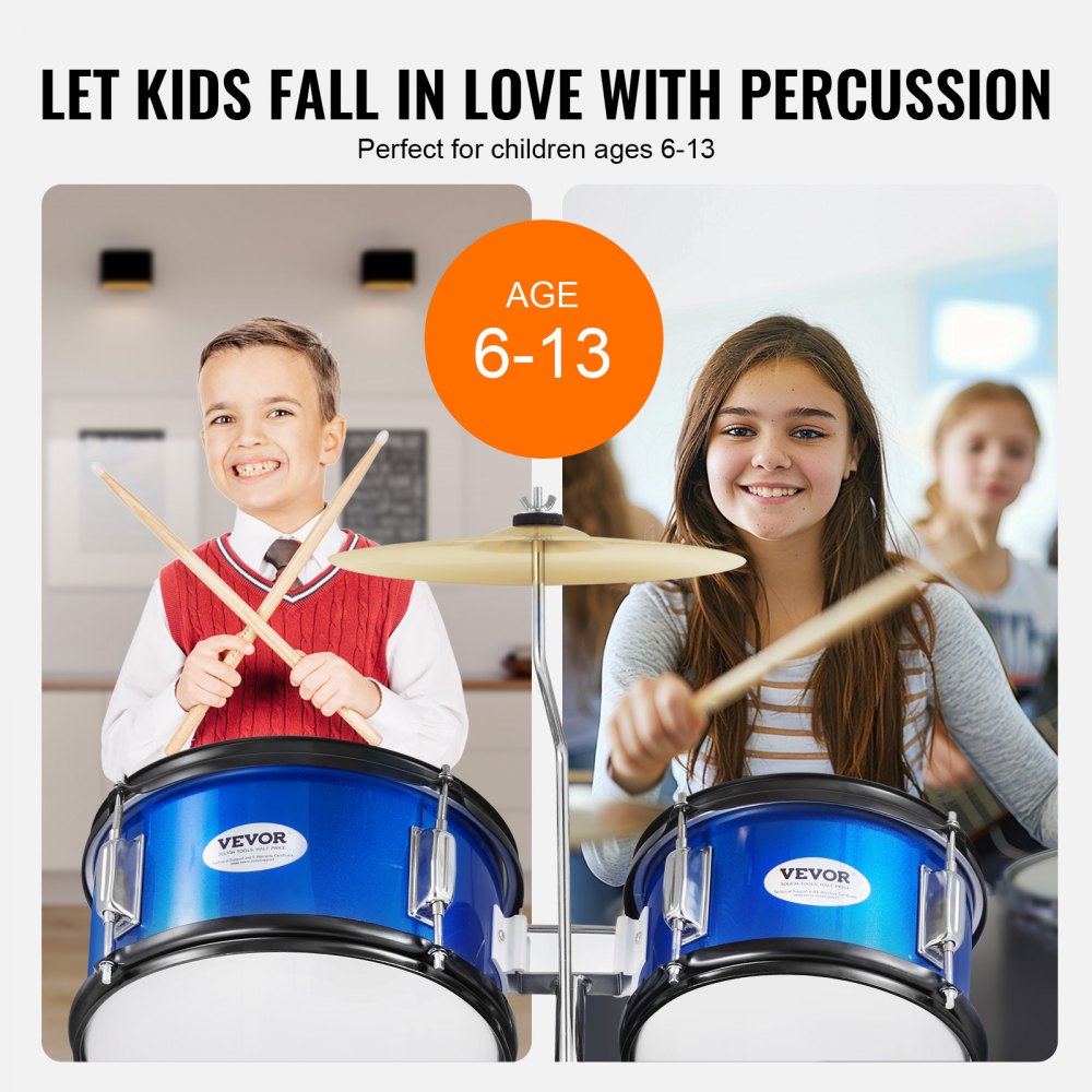 VEVOR 5-delige drumset voor kinderen, beginnersdrumset met bastoms, snaredrum, floortrommel, verstelbare drumkruk, hi-hatpedaal en twee paar drumstokken, geschikt voor kinderen, blauw