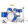 Blauwe VEVOR kinderdrumset met bekkens, kruk en pedaal op witte achtergrond.