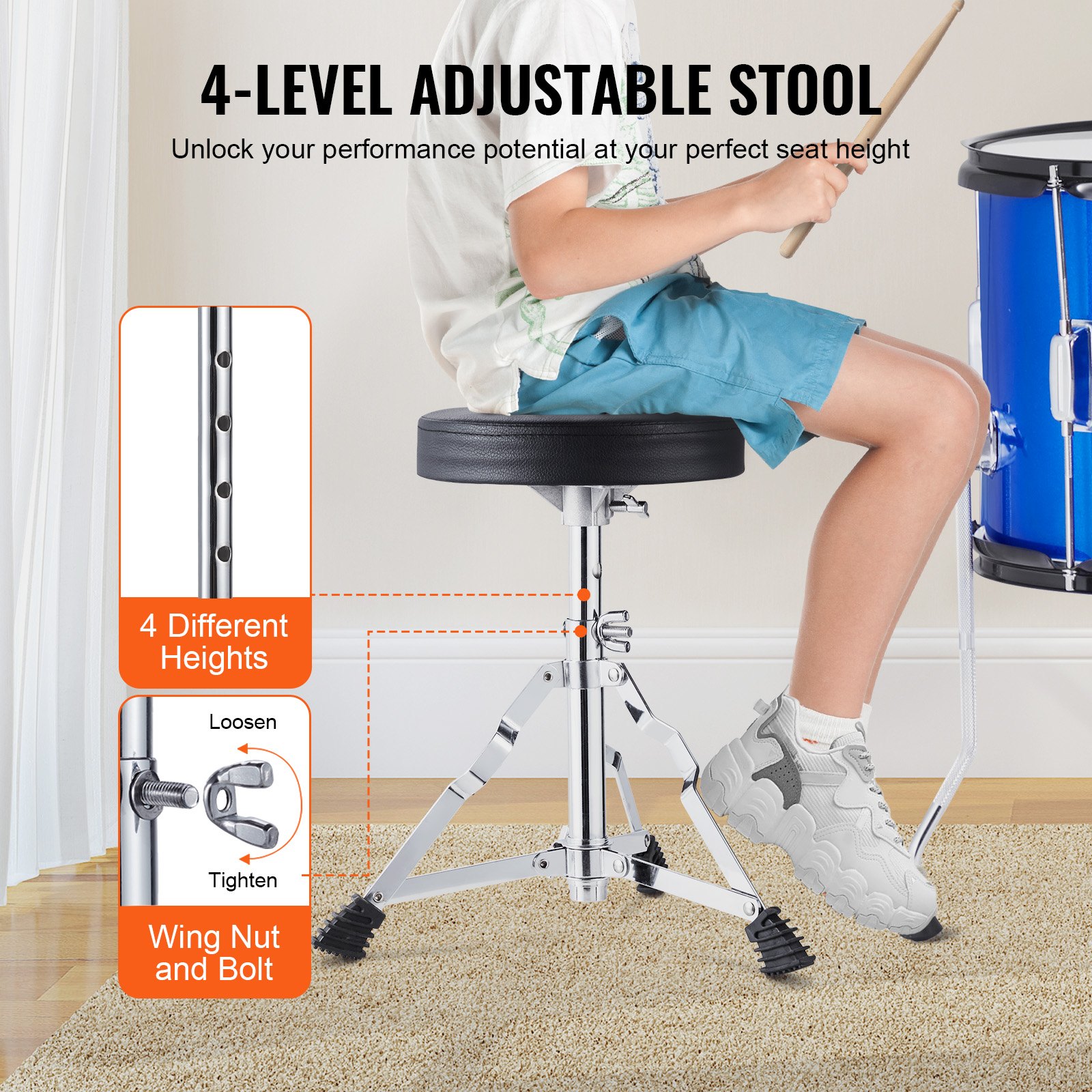 VEVOR 5-delige drumset voor kinderen, beginnersdrumset met bastoms, snaredrum, floortrommel, verstelbare drumkruk, hi-hatpedaal en twee paar drumstokken, geschikt voor kinderen, blauw