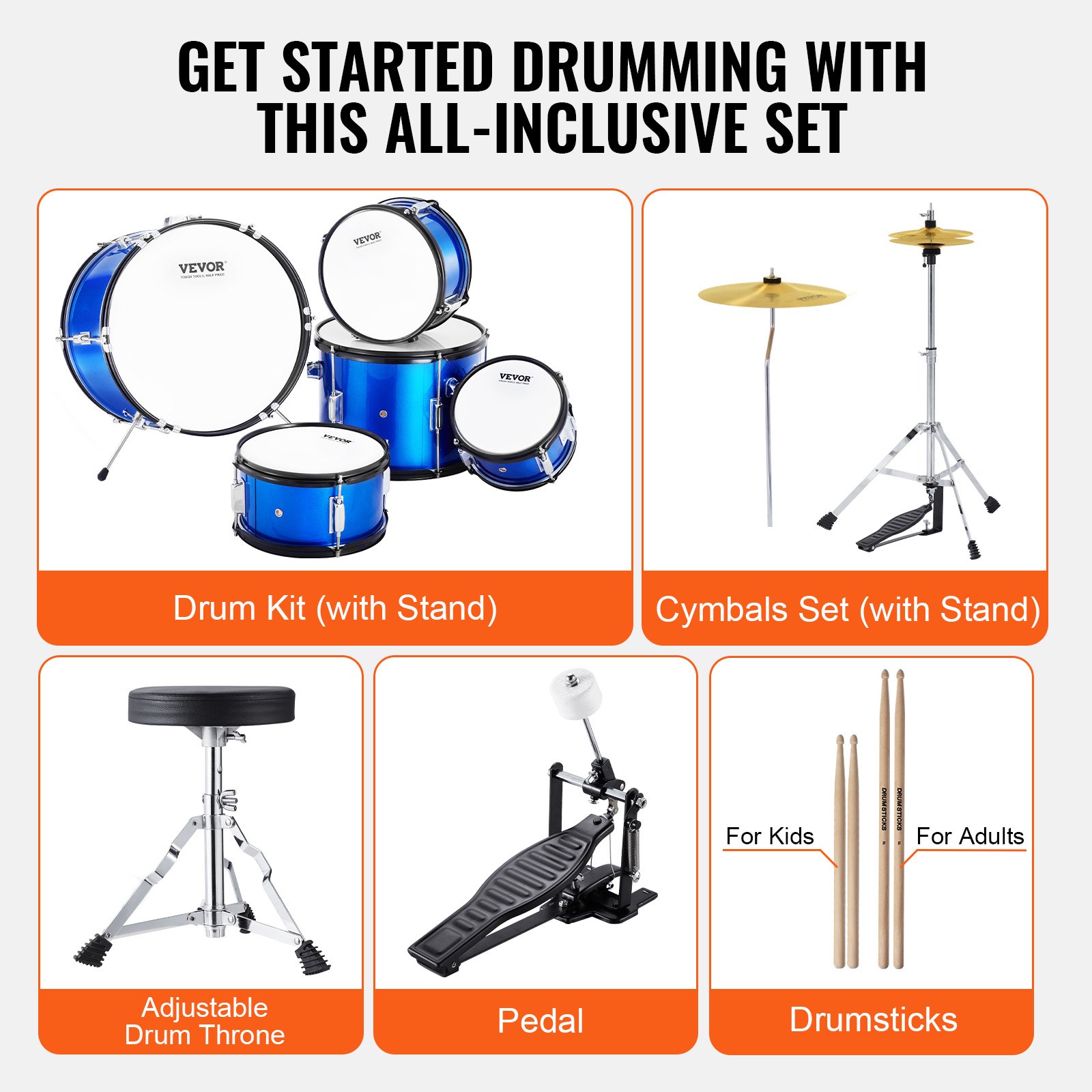 VEVOR 5-delige drumset voor kinderen, beginnersdrumset met bastoms, snaredrum, floortrommel, verstelbare drumkruk, hi-hatpedaal en twee paar drumstokken, geschikt voor kinderen, blauw