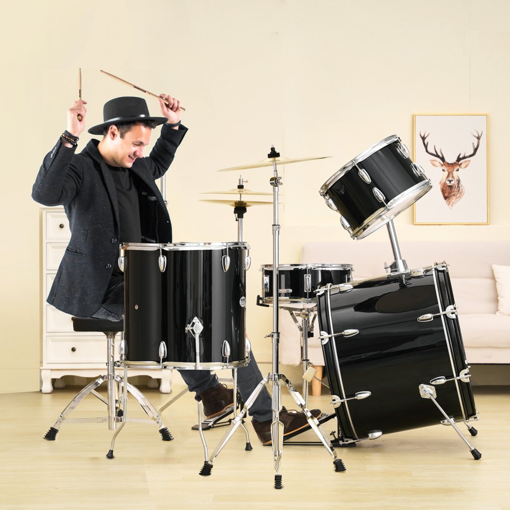 VEVOR Drumstel, 5-delig, complete drumset met bastoms, snaredrum, floortom, verstelbare drumkruk, bekkens, hi-hatpedaal en drumstokken, beginnersdrumset voor volwassenen, zwart