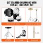 all-inclusive VEVOR adult drum set with drum kit, cymbals set, adjustable throne, pedal, and drumsticks.