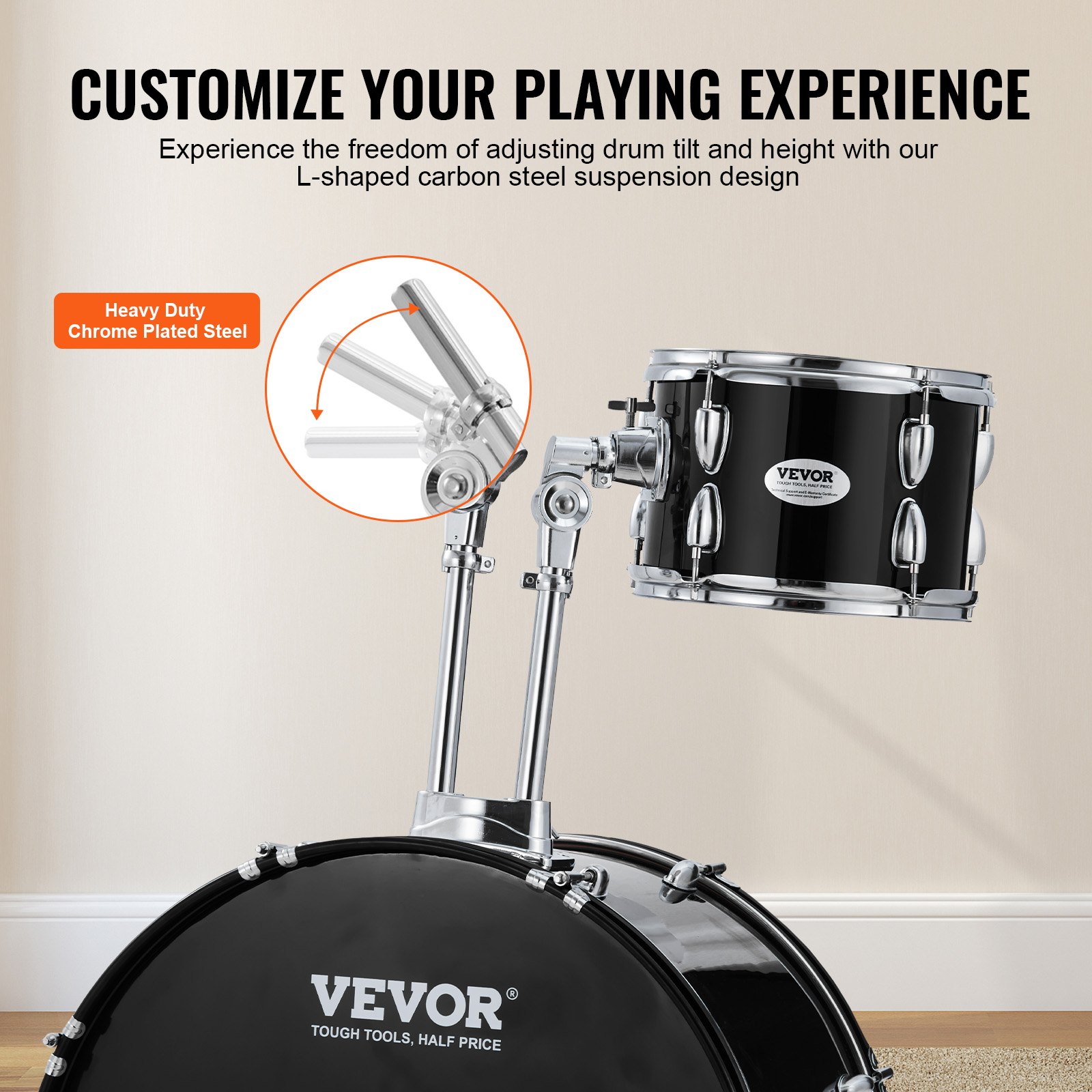 VEVOR Drumstel, 5-delig, complete drumset met bastoms, snaredrum, floortom, verstelbare drumkruk, bekkens, hi-hatpedaal en drumstokken, beginnersdrumset voor volwassenen, zwart