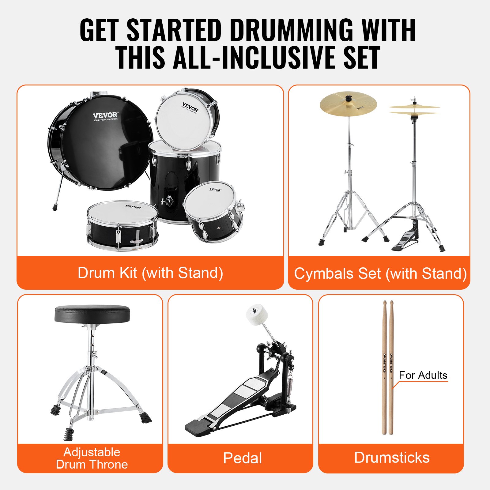 VEVOR Drumstel, 5-delig, complete drumset met bastoms, snaredrum, floortom, verstelbare drumkruk, bekkens, hi-hatpedaal en drumstokken, beginnersdrumset voor volwassenen, zwart