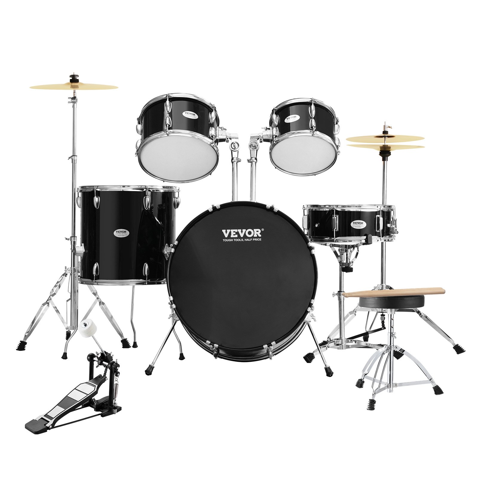VEVOR Drumstel, 5-delig, complete drumset met bastoms, snaredrum, floortom, verstelbare drumkruk, bekkens, hi-hatpedaal en drumstokken, beginnersdrumset voor volwassenen, zwart