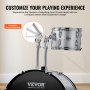 VEVOR adult drum set with adjustable tilt and height, heavy-duty chrome-plated steel hardware.