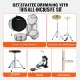 VEVOR adult drum set includes drum kit, cymbals, adjustable drum throne, pedal, and drumsticks.