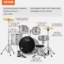 VEVOR adult drum set with 5 drums, 2 cymbals, and a black bass drum, model sh-003-sy, in silver color.