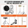 VEVOR 5-delige full-size drumkit met bas-/tomdrums, snaredrum, drumstokken, verstelbare troonstandaards, bekkens, hihatpedaal en drumstokken, beginnersdrumkit, zilver