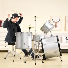 VEVOR 5-delige fullsize drumset met troonstandaard zilver