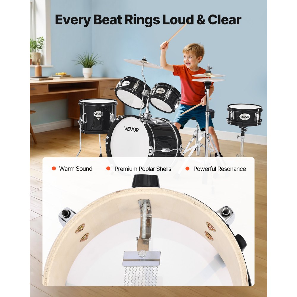 VEVOR 5-delige drumset, inclusief 14" basdrum, 8" snaredrum, 6" & 8" tomtoms, 10" floortom, 10" crashbekken en 8" hihat, voor kinderen van 6-13 jaar (zwart)