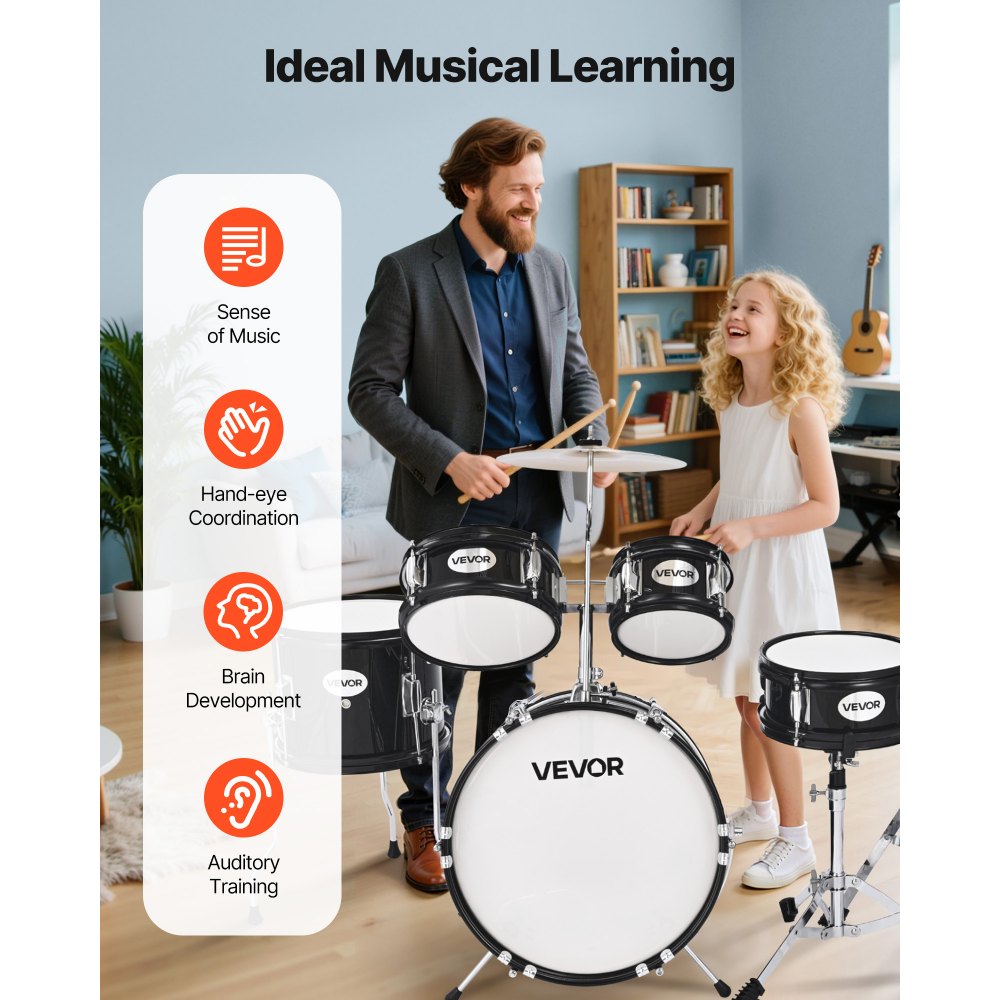VEVOR 5-delige drumset, inclusief 14" basdrum, 8" snaredrum, 6" & 8" tomtoms, 10" floortom, 10" crashbekken en 8" hihat, voor kinderen van 6-13 jaar (zwart)