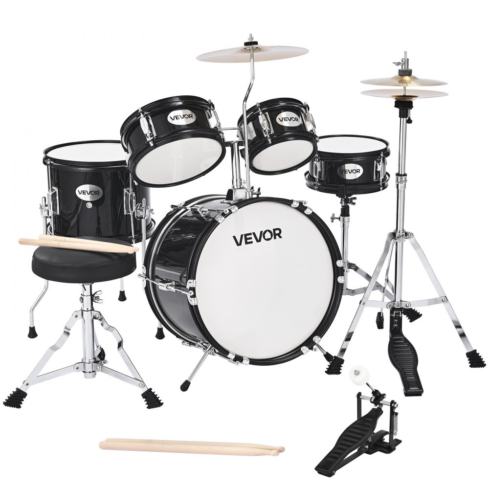 VEVOR 5-delige drumset, inclusief 14" basdrum, 8" snaredrum, 6" & 8" tomtoms, 10" floortom, 10" crashbekken en 8" hihat, voor kinderen van 6-13 jaar (zwart)
