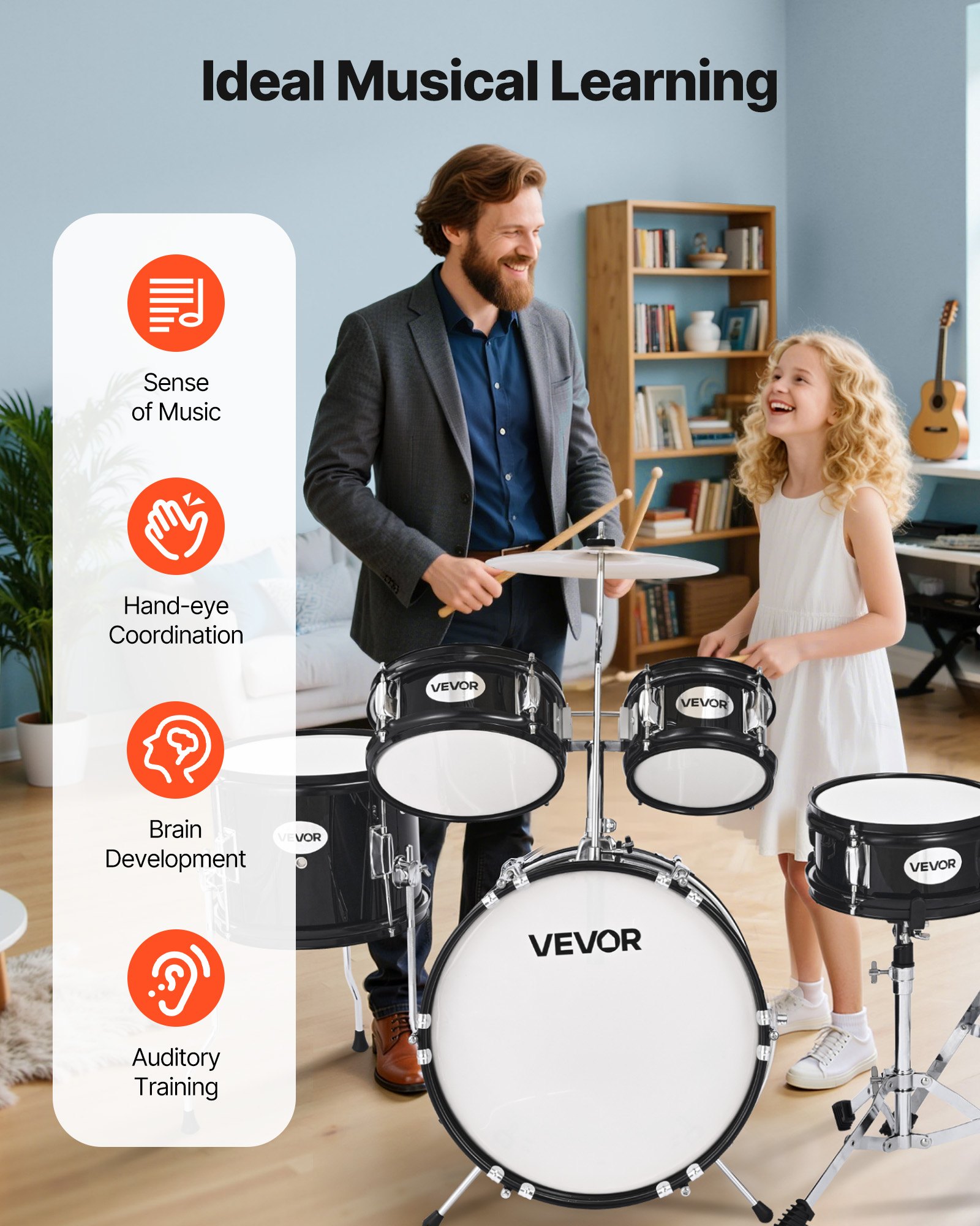VEVOR 5-delige drumset, inclusief 14" basdrum, 8" snaredrum, 6" & 8" tomtoms, 10" floortom, 10" crashbekken en 8" hihat, voor kinderen van 6-13 jaar (zwart)