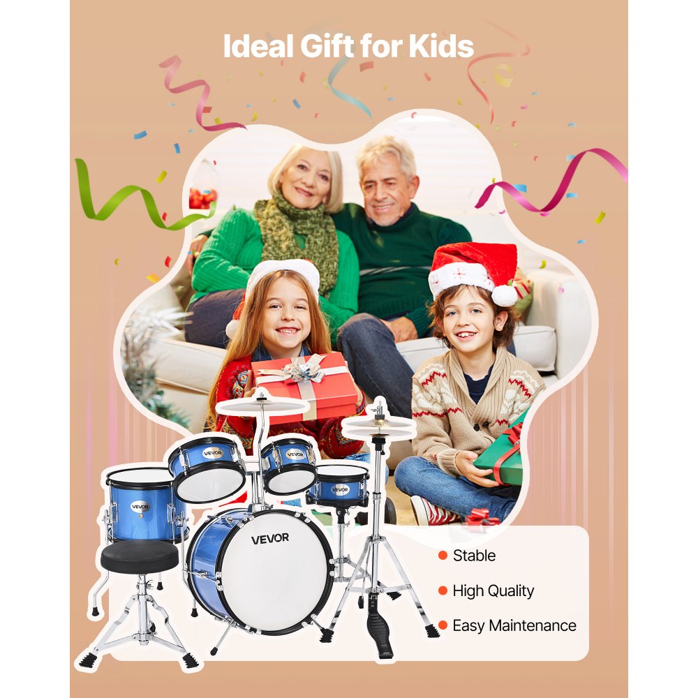VEVOR Kids Drum Set, 5-Piece 14 in Junior Drum Sets, Beginner Drums Set with Adjustable Throne, Cymbal & Two Pairs of Drumsticks, Musical Learning Drums Instruments Kit, for Children Ages 6-13 (Blue)
