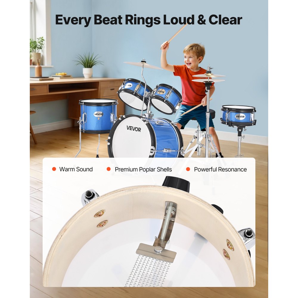 VEVOR 5-delige drumset, 14" basdrum, 8" snaredrum, 6" & 8" tomtoms, 10" floortom, 10" crashbekken, 8" hihat met standaard, voor kinderen van 6-13 jaar (blauw)