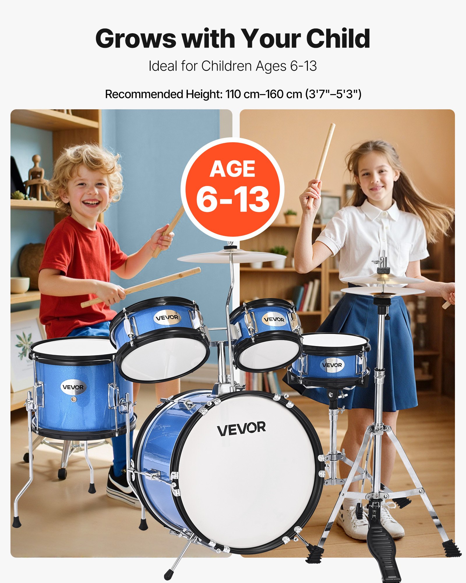 VEVOR Kids Drum Set, 5-Piece 14 in Junior Drum Sets, Beginner Drums Set with Adjustable Throne, Cymbal & Two Pairs of Drumsticks, Musical Learning Drums Instruments Kit, for Children Ages 6-13 (Blue)