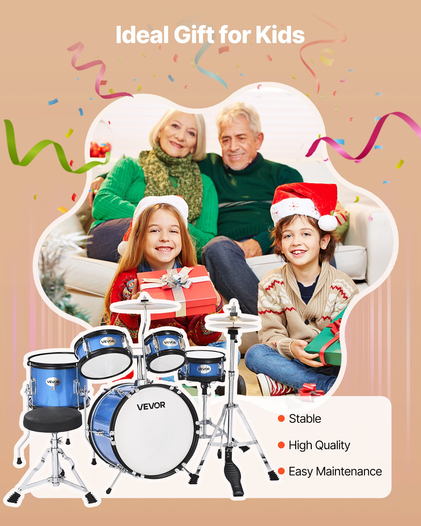 VEVOR Kids Drum Set, 5-Piece 14 in Junior Drum Sets, Beginner Drums Set with Adjustable Throne, Cymbal & Two Pairs of Drumsticks, Musical Learning Drums Instruments Kit, for Children Ages 6-13 (Blue)