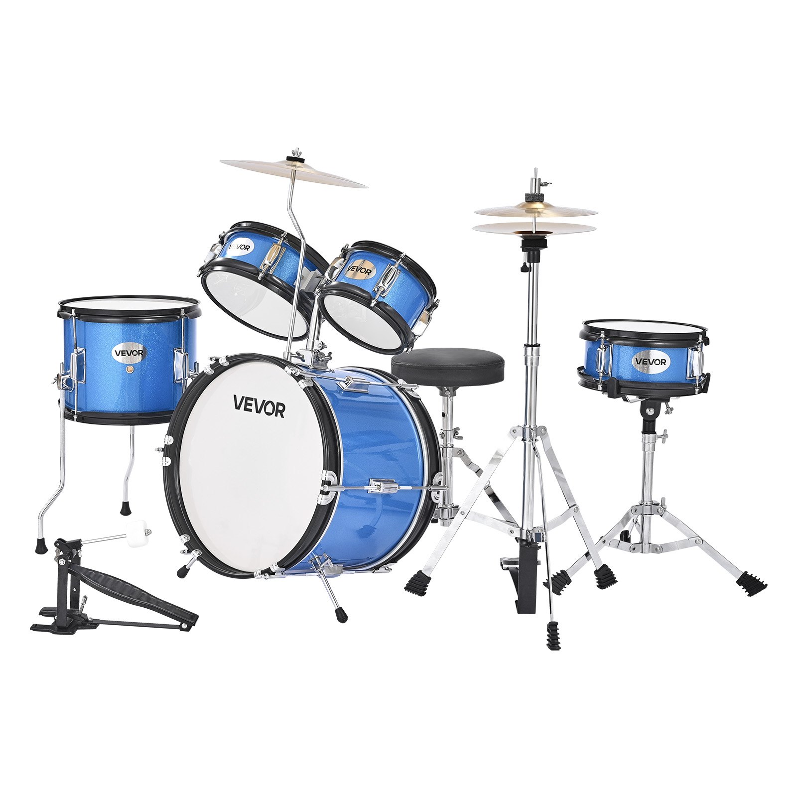 VEVOR Kids Drum Set, 5-Piece 14 in Junior Drum Sets, Beginner Drums Set with Adjustable Throne, Cymbal & Two Pairs of Drumsticks, Musical Learning Drums Instruments Kit, for Children Ages 6-13 (Blue)