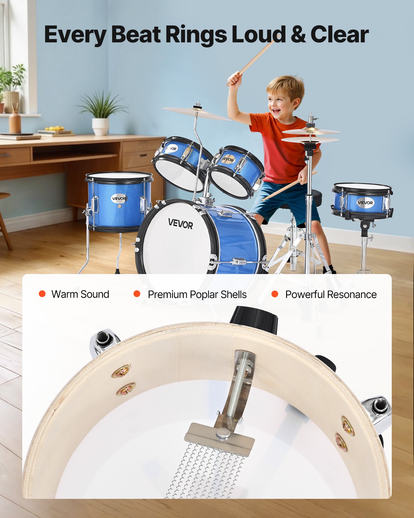 VEVOR 5-delige drumset, 14" basdrum, 8" snaredrum, 6" & 8" tomtoms, 10" floortom, 10" crashbekken, 8" hihat met standaard, voor kinderen van 6-13 jaar (blauw)