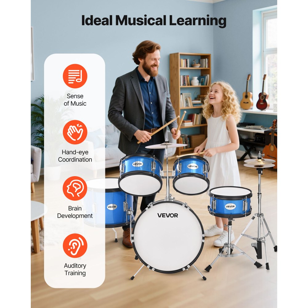 VEVOR 5-delige drumset, inclusief 16" basdrum, 10" snaredrum, 8" & 10" tomtoms, 13" floortom, 10" crashbekken en 8" hihat, voor kinderen van 6-13 jaar, blauw