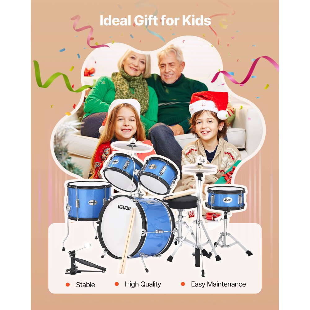 VEVOR 5-delige drumset, inclusief 16" basdrum, 10" snaredrum, 8" & 10" tomtoms, 13" floortom, 10" crashbekken en 8" hihat, voor kinderen van 6-13 jaar, blauw
