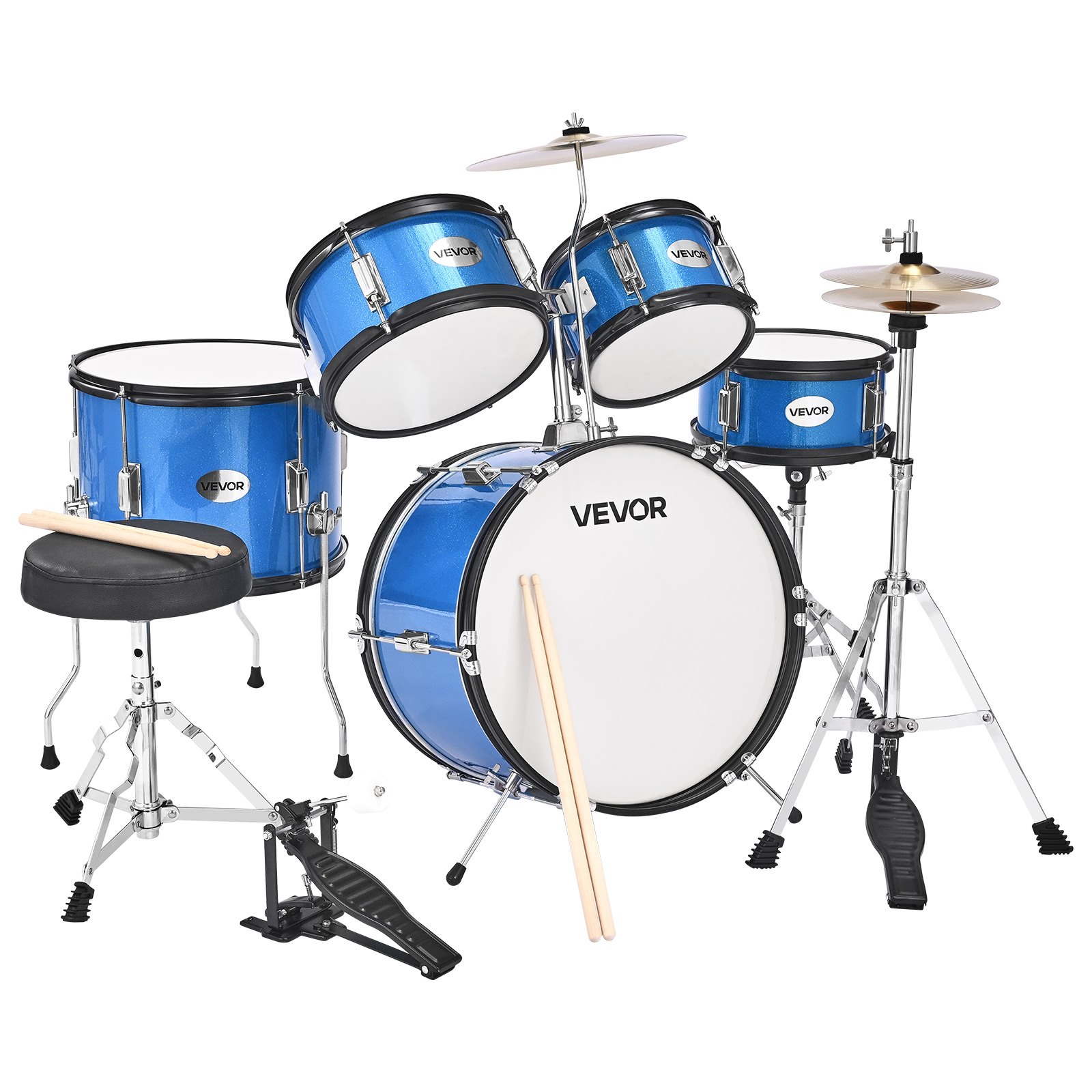 VEVOR Kids Drum Set, 5-Piece 16 in Junior Drum Sets, Beginner Drums Set with Adjustable Throne, Cymbal & Two Pairs of Drumsticks, Musical Learning Drums Instruments Kit, for Children Ages 6-13 (Blue)