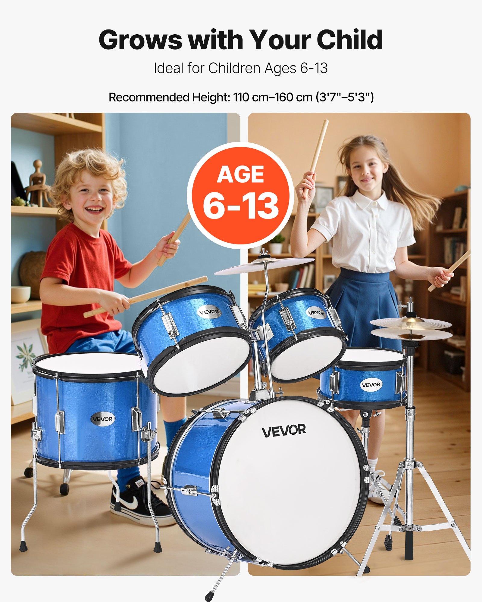 VEVOR 5-delige drumset, inclusief 16" basdrum, 10" snaredrum, 8" & 10" tomtoms, 13" floortom, 10" crashbekken en 8" hihat, voor kinderen van 6-13 jaar, blauw