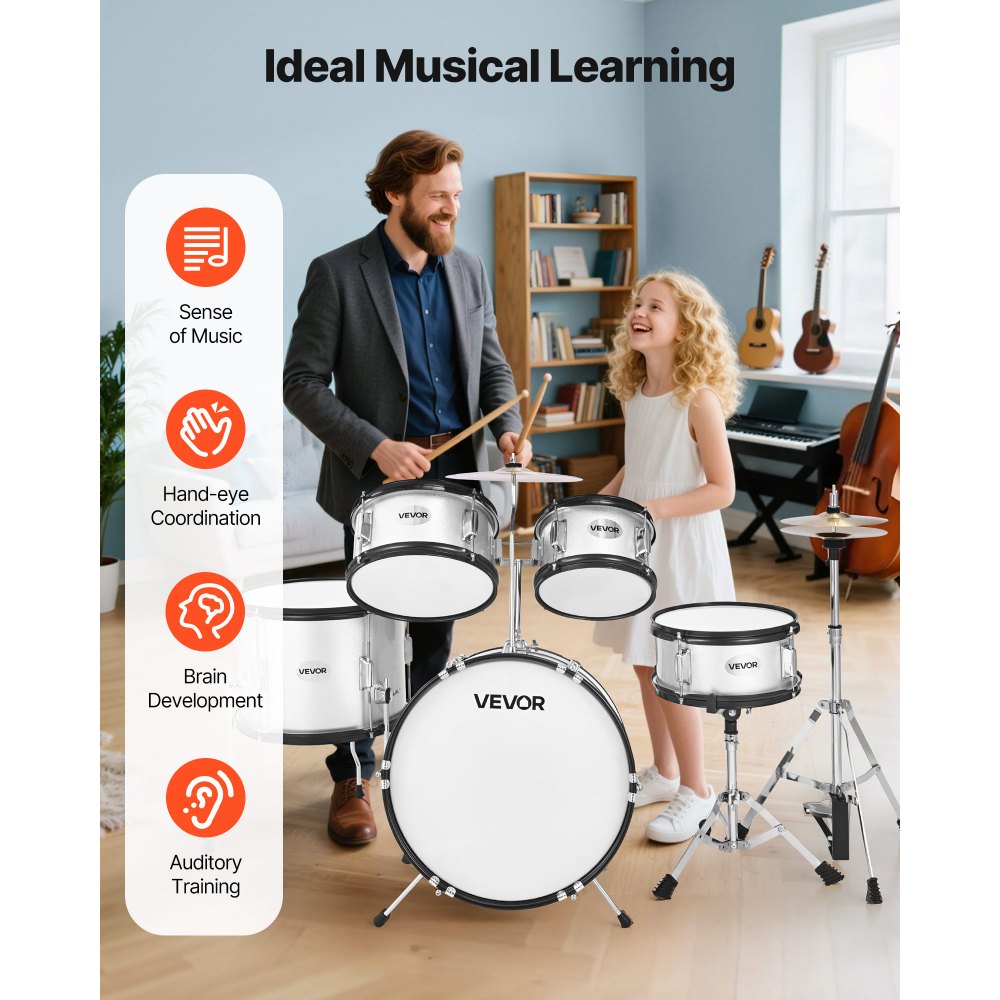 VEVOR Kids Drum Set, 5-Piece 16 in Junior Drum Sets, Beginner Drums Set with Adjustable Throne, Cymbal & Two Pairs of Drumsticks, Musical Learning Drums Instrument Kit, for Children Ages 6-13(Silver)