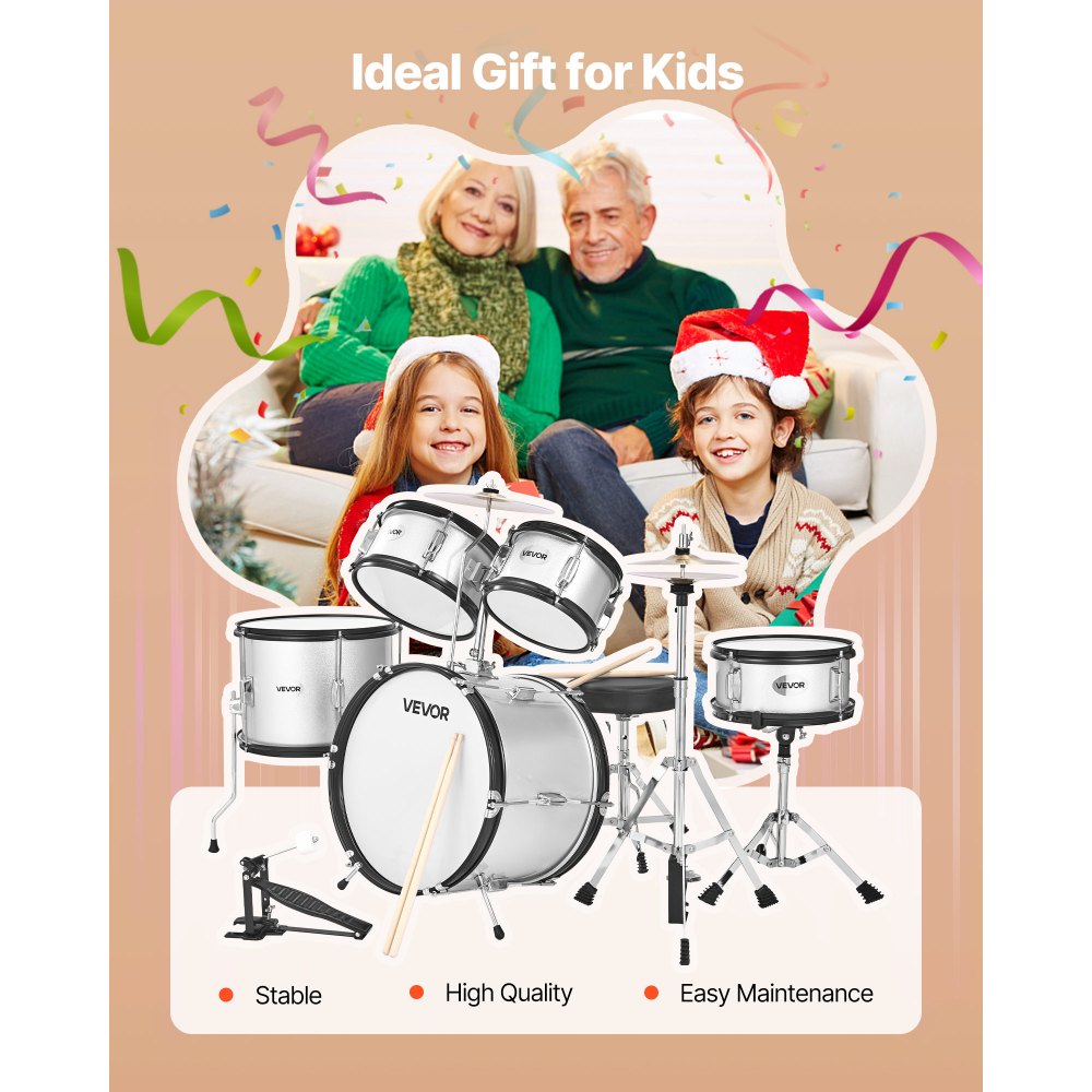 VEVOR Kids Drum Set, 5-Piece 16 in Junior Drum Sets, Beginner Drums Set with Adjustable Throne, Cymbal & Two Pairs of Drumsticks, Musical Learning Drums Instrument Kit, for Children Ages 6-13(Silver)