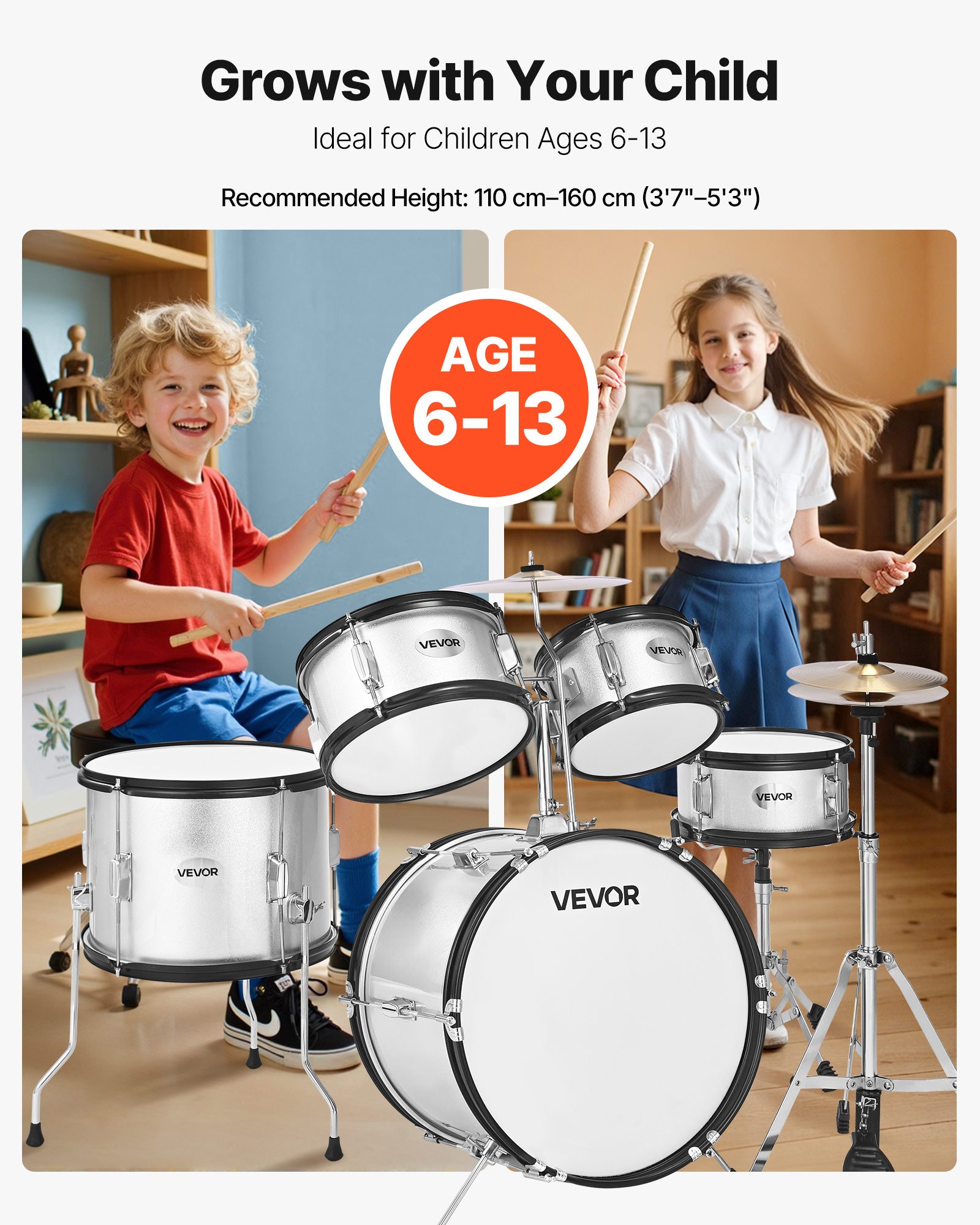 VEVOR Kids Drum Set, 5-Piece 16 in Junior Drum Sets, Beginner Drums Set with Adjustable Throne, Cymbal & Two Pairs of Drumsticks, Musical Learning Drums Instrument Kit, for Children Ages 6-13(Silver)
