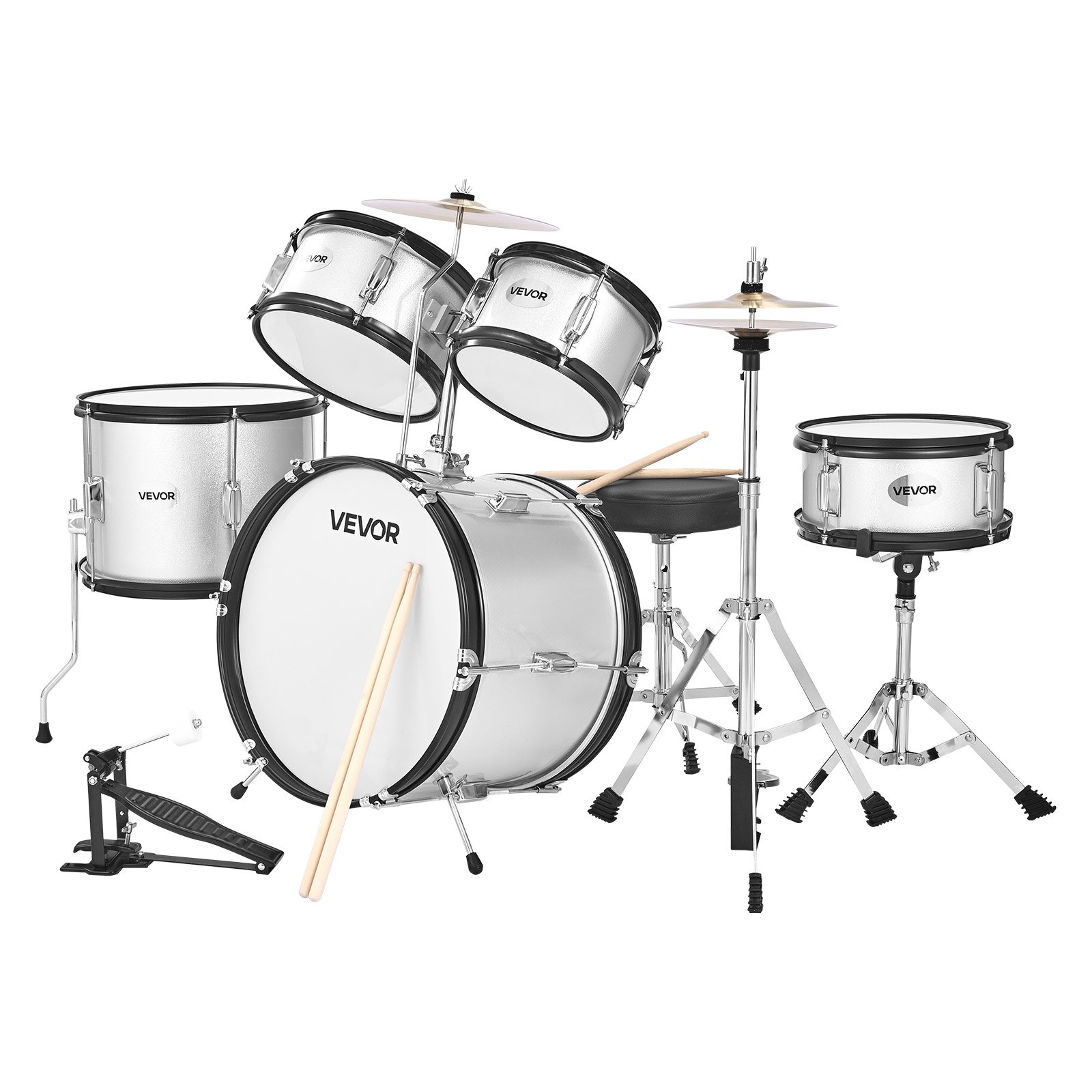 VEVOR Kids Drum Set, 5-Piece 16 in Junior Drum Sets, Beginner Drums Set with Adjustable Throne, Cymbal & Two Pairs of Drumsticks, Musical Learning Drums Instrument Kit, for Children Ages 6-13(Silver)