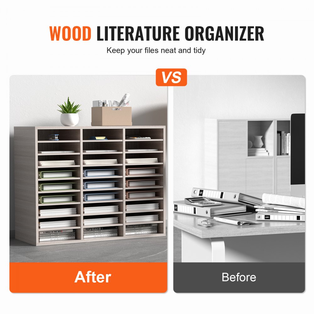 VEVOR Houten literatuurorganizer met 27 compartimenten, verstelbare planken, organizer van MDF, opbergruimte voor bestanden, documenten, papieren en tijdschriften op kantoor, thuis, op school, grijs