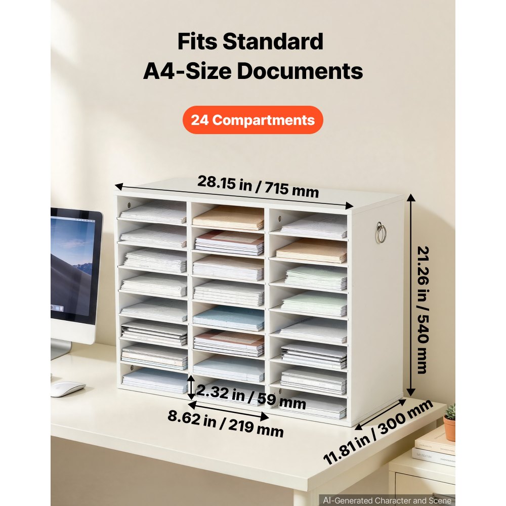 VEVOR Houten documentenbak/bureau-organizer met 24 vakken, wit, opbergbak voor standaard A4-documenten, dossiers en papier, met verstelbare planken voor kantoor, thuis en in de klas, MDF