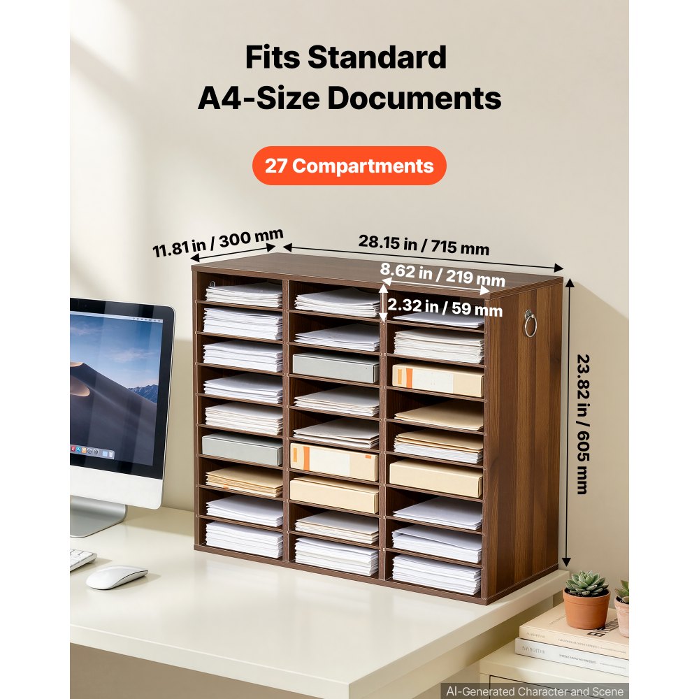 VEVOR Houten documentenbak/bureau-organizer met 27 vakken, bruin, opbergbak voor standaard A4-documenten, dossiers en papier, met verstelbare planken voor kantoor, thuis en in de klas, MDF