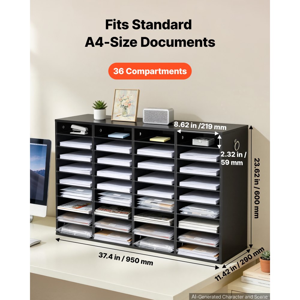 VEVOR Houten documentenbak/bureau-organizer met 36 vakken, zwart, opbergbak voor standaard A4-documenten, dossiers en papier, met verstelbare planken voor kantoor, thuis en in de klas, MDF