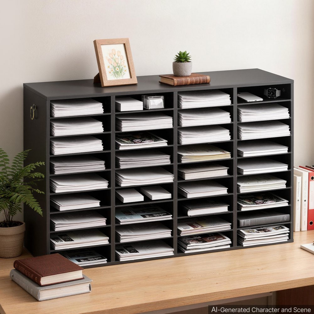 VEVOR Houten documentenbak/bureau-organizer met 36 vakken, zwart, opbergbak voor standaard A4-documenten, dossiers en papier, met verstelbare planken voor kantoor, thuis en in de klas, MDF