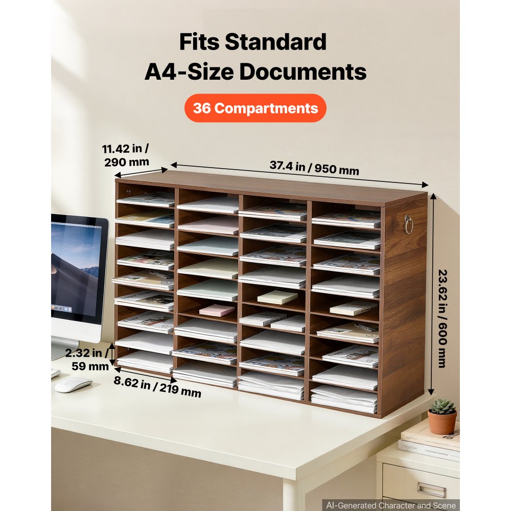 VEVOR Houten documentenbak/bureau-organizer met 36 vakken, bruin, opbergbak voor standaard A4-documenten, dossiers en papier, met verstelbare planken voor kantoor, thuis en in de klas, MDF