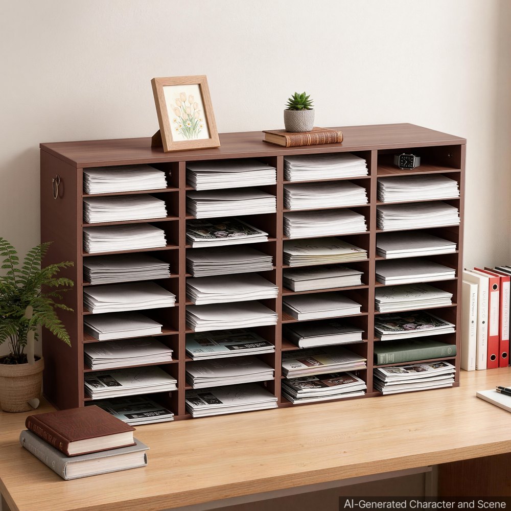 VEVOR Houten documentenbak/bureau-organizer met 36 vakken, bruin, opbergbak voor standaard A4-documenten, dossiers en papier, met verstelbare planken voor kantoor, thuis en in de klas, MDF
