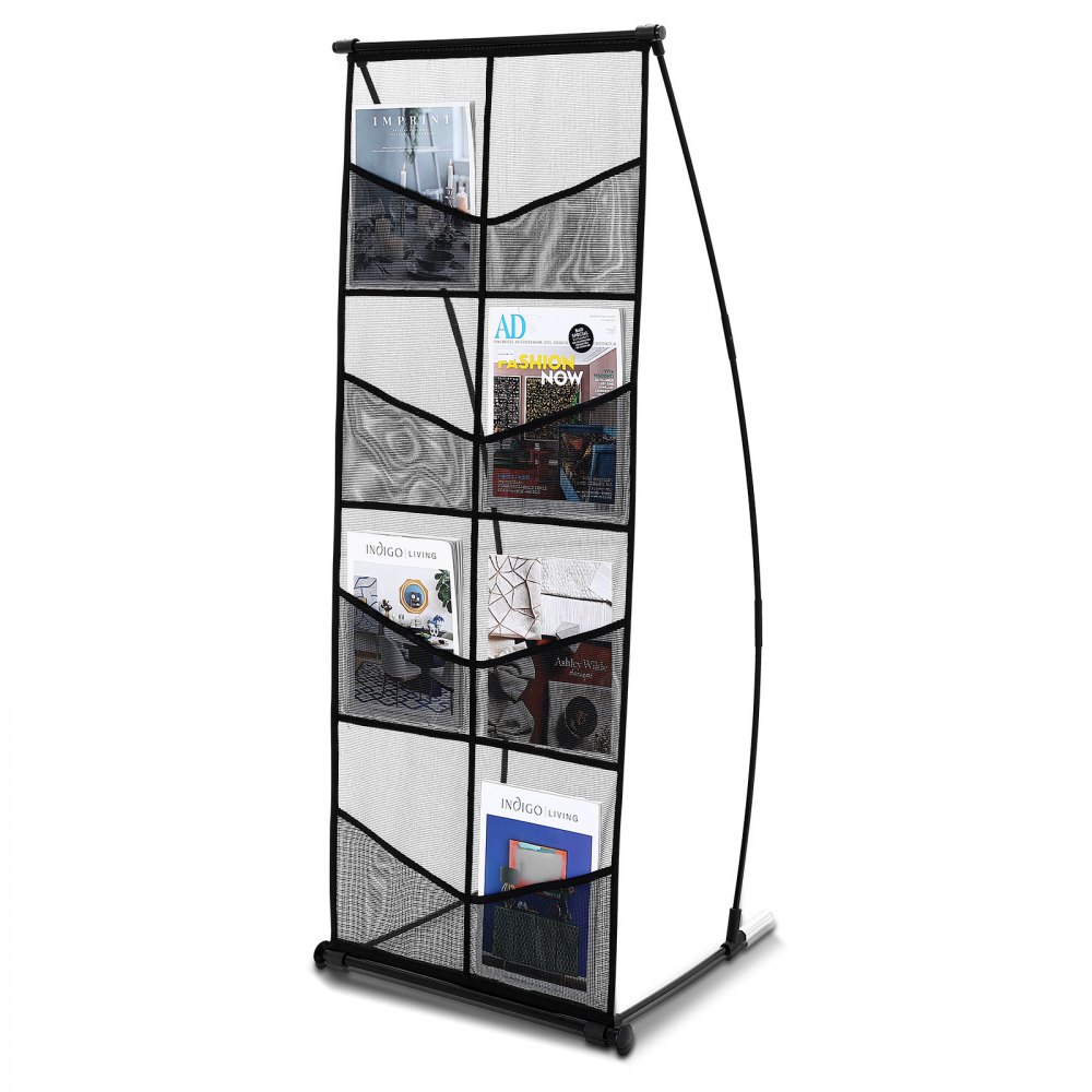 VEVOR brochure display stand with six mesh pockets holding various magazines and catalogs.