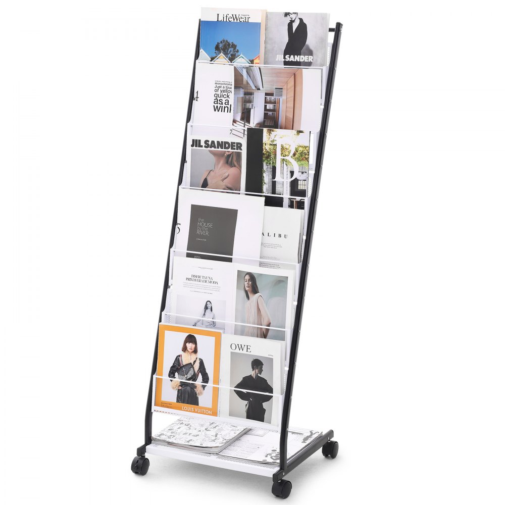 VEVOR brochure display rack showcasing various magazines and brochures in metal frame with casters.