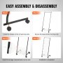 easy assembly instructions for VEVOR brochure display rack with steps for wheels, base, rods, and shelves.