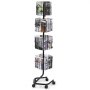 black VEVOR brochure display rack filled with various brochures, featuring four rotating tiers and wheels.