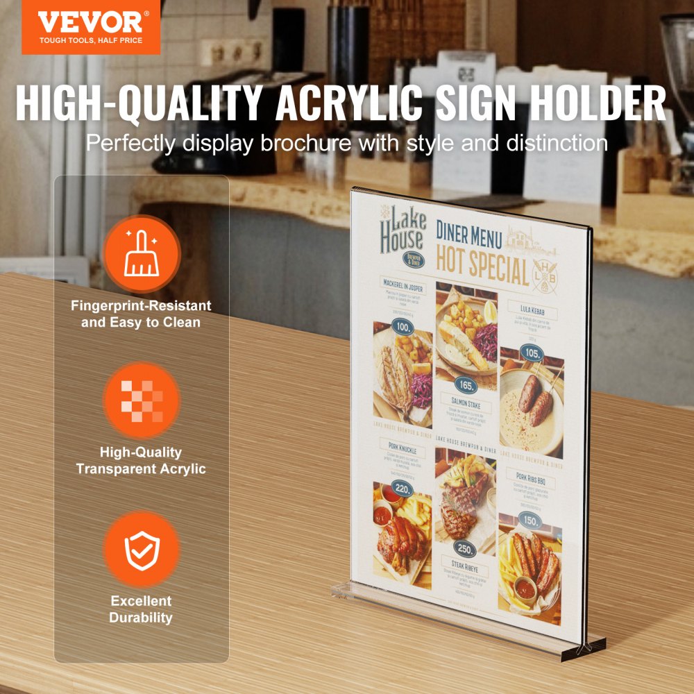 VEVOR Sign Holder Tafelstandaard, 6 stuks 223,52 x 279,4 mm Brochurehouder, T-vormig dubbelzijdig displaybordstandaard Helder acryl menuhouder voor restaurant, kantoor, bruiloft, bar