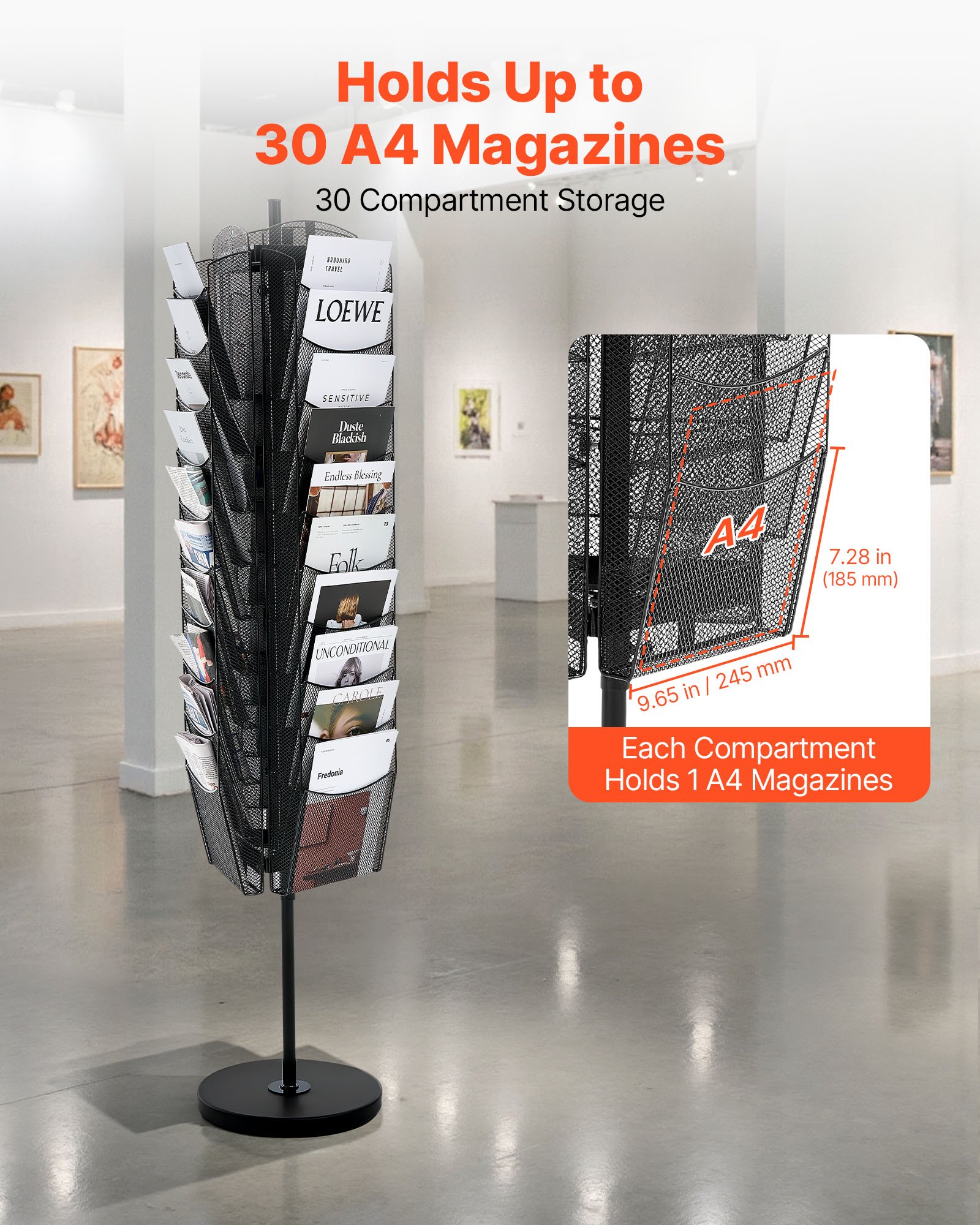 VEVOR Draaibare brochurestandaard, tijdschriftenrek met 30 compartimenten, metalen literatuurstandaard, catalogushouder, boekenstandaard, vloerdisplay, krantencatalogushouder voor kantoorshows en tentoonstellingen