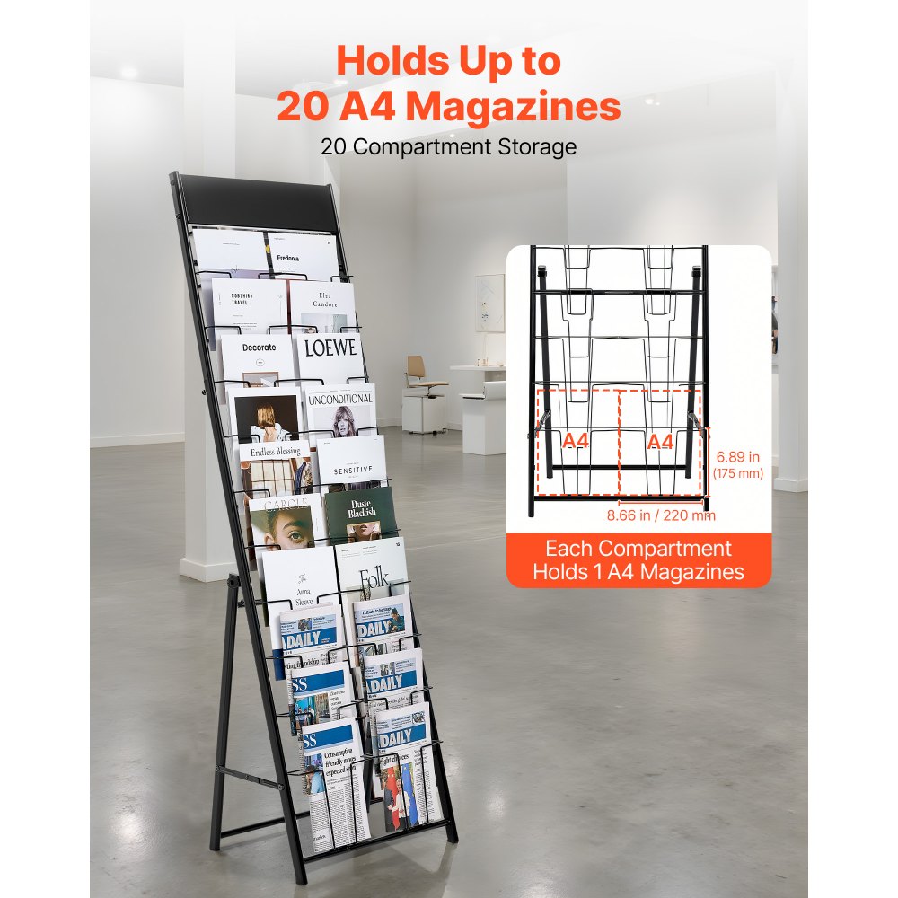 VEVOR Brochure Display Rack, 20 Pockets Magazine Literature Display Stand, Portable Floor Standing Magazine Rack, Metal Newspaper Catalog Holders for Shop, Exhibitions, Office, Trade Show, Black