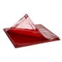 red VEVOR welding curtain with grommets, neatly folded and partially unfolded, showcasing durability.